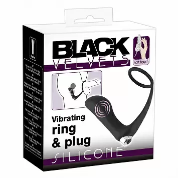 Эрекционное кольцо на пенис с вибропробкой Black Velvets ORION